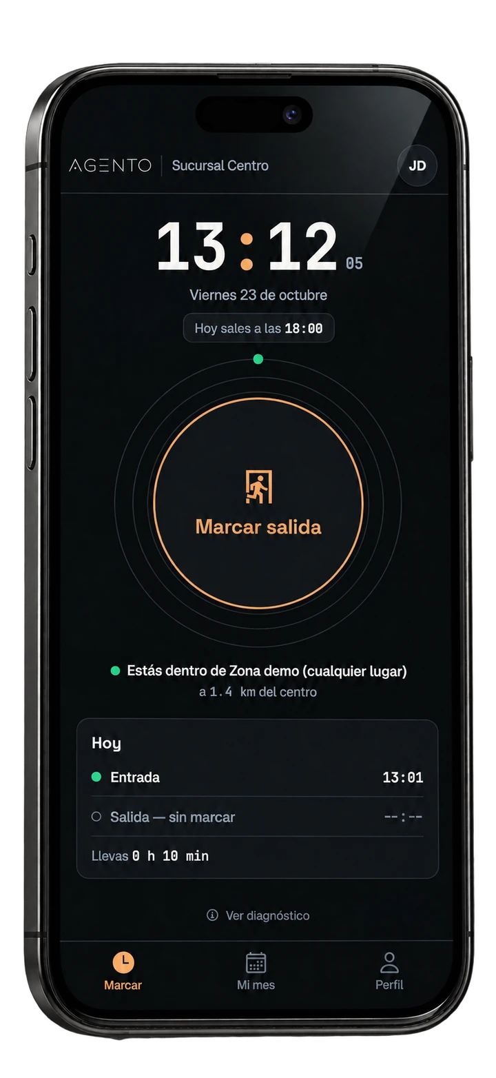 iPhone con Agento: registro de salida, zona de trabajo y jornada de hoy