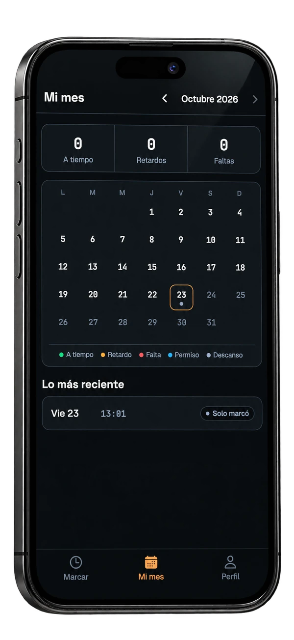 Calendario de la app de Agento con asistencias, retardos y faltas del mes