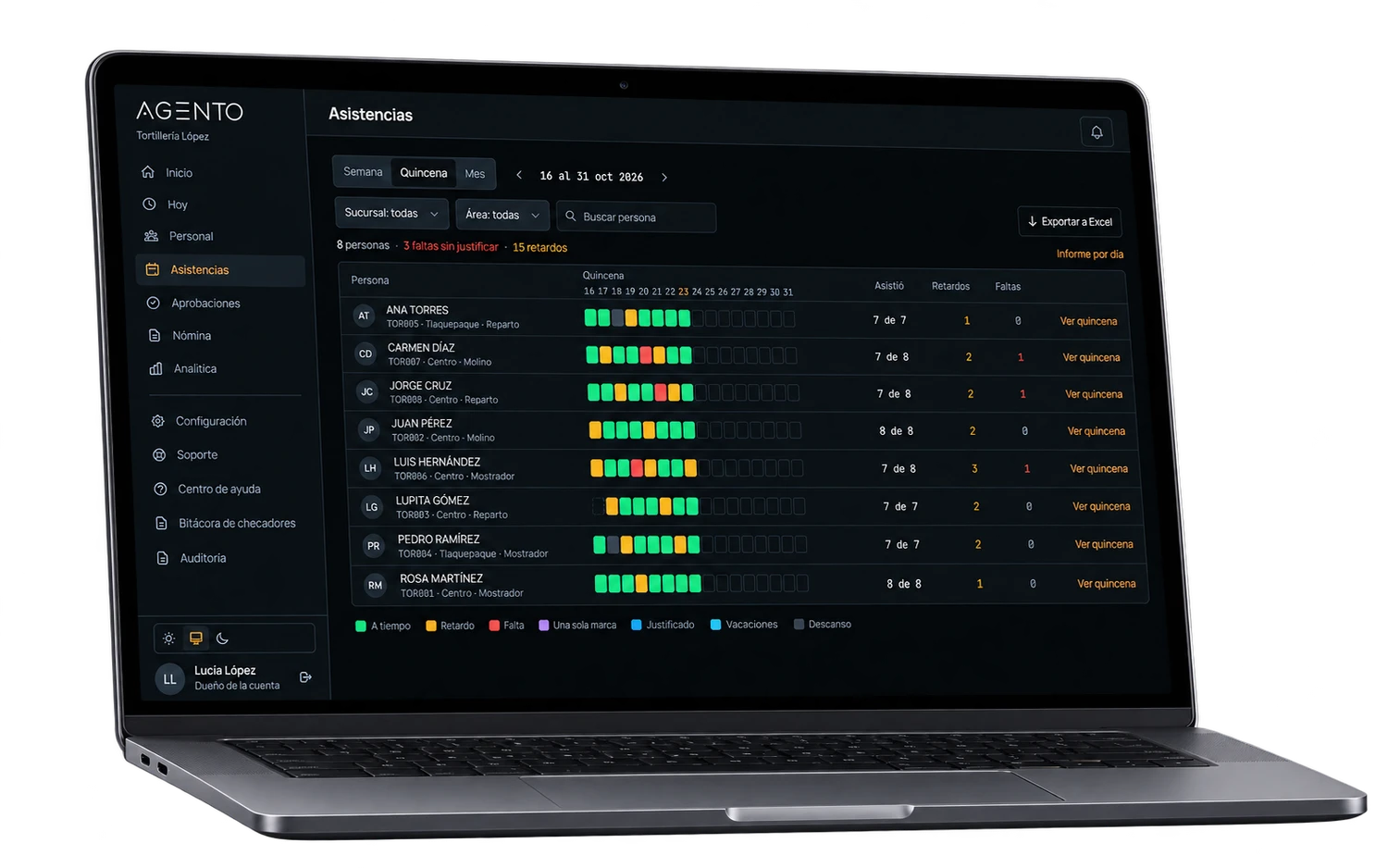 Laptop con Agento: registro de asistencias por quincena y exportación a Excel