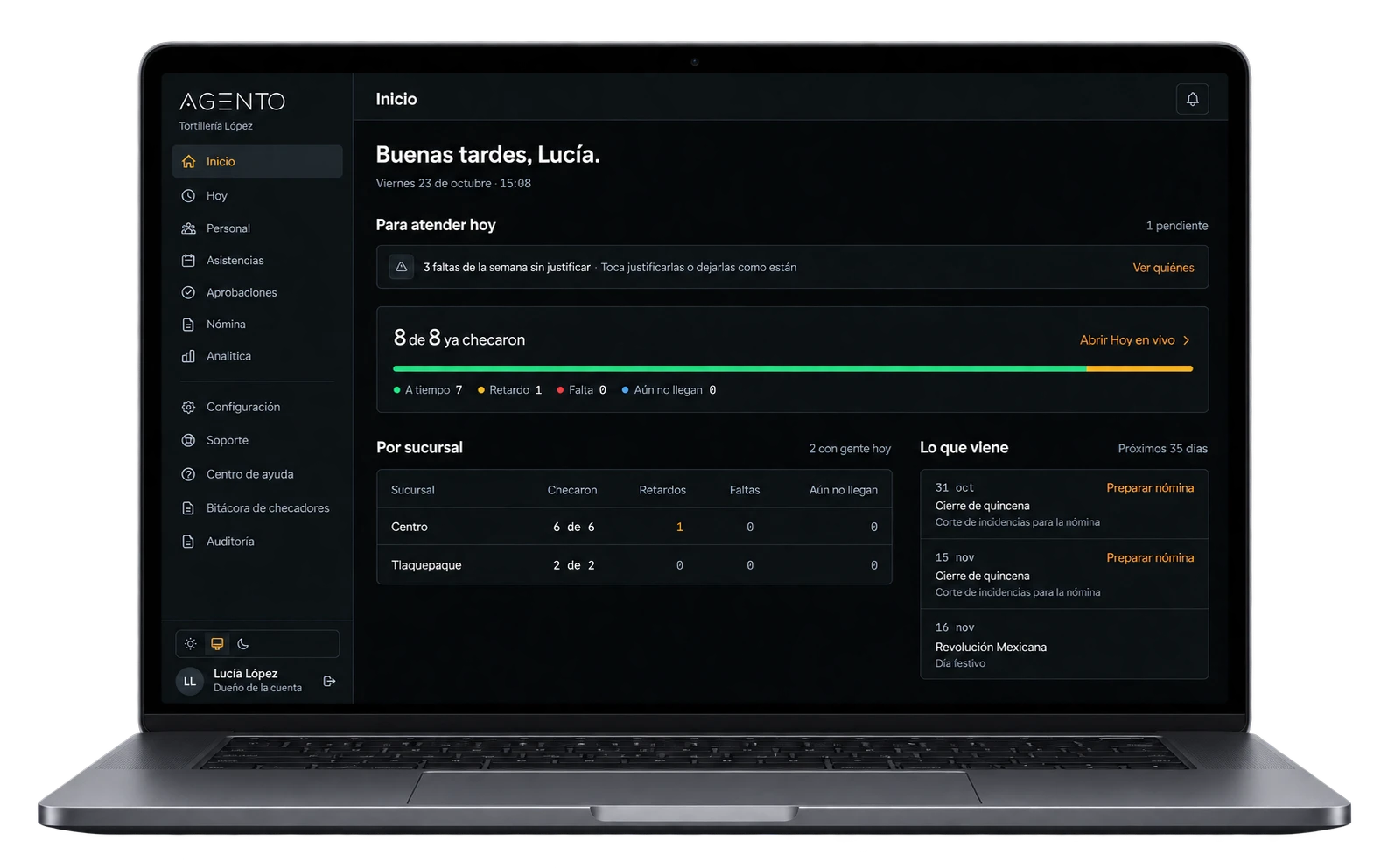 Laptop con el inicio de Agento: asistencias del día, sucursales y próximas tareas